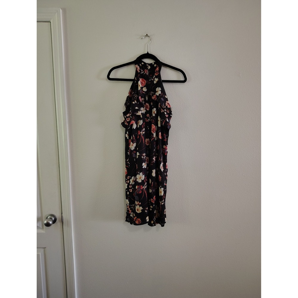 Maurices Womens Black Floral Halter Neck Ruffle Sleeveless Mini Dress Large